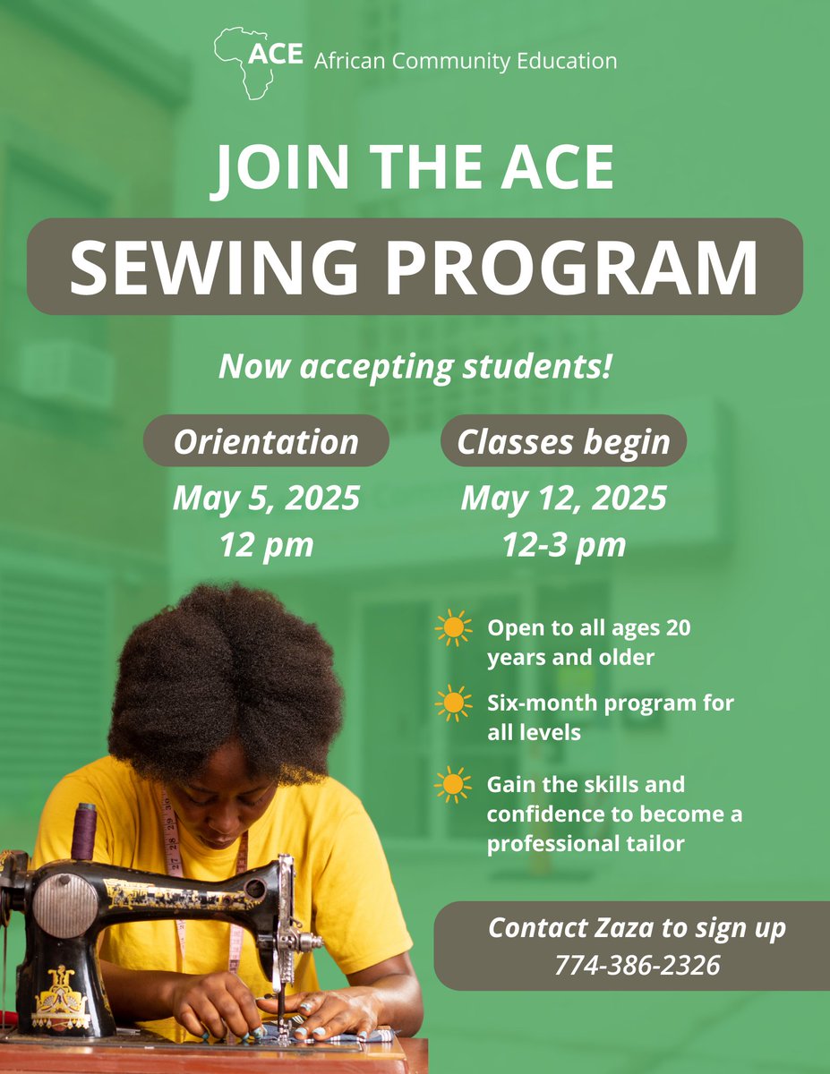 We have a bright summer ahead of us!

🌞 Summer Program for grades 3-12
💼 Workforce Dev. for grades 9-12
📝 ESOL Program for adults
🪡 Sewing Program open to all, ages 20 and older

To sign up for any of ACE's summer programming, please visit our Outreach office at 51 Gage St!