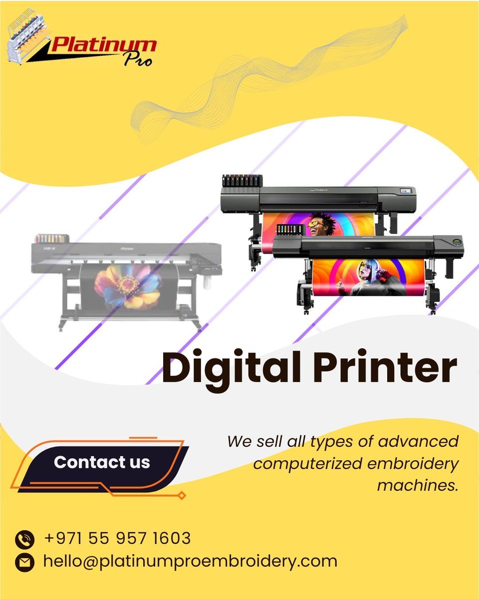 _PlatinumPro's tweet image. Bring Your Designs to Life with Our Advanced Digital Printers!
At Platinum Pro, we offer top-of-the-line computerized embroidery and digital printing machines perfect for all your creative needs.
#DigitalPrinter #EmbroideryMachines #PlatinumPro #CreativeSolutions #PrintingTech