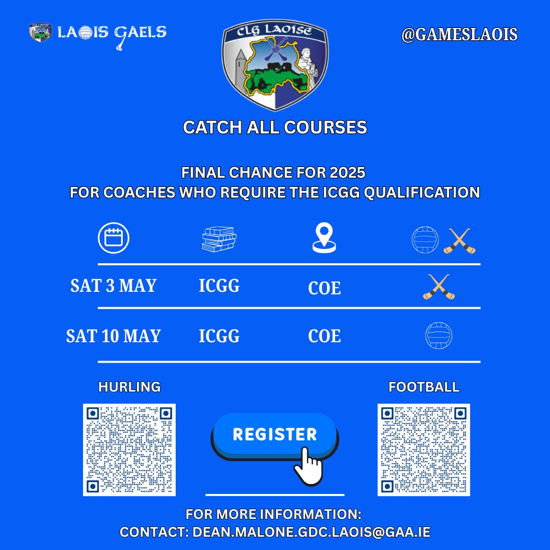 Catch All 📚 🥎🏐

Last of our Coach Ed ICGG Courses for 2025.

Hurling: 
universe.com/events/laois-g…

Football: 
universe.com/events/laois-g… 

✍️ Register today