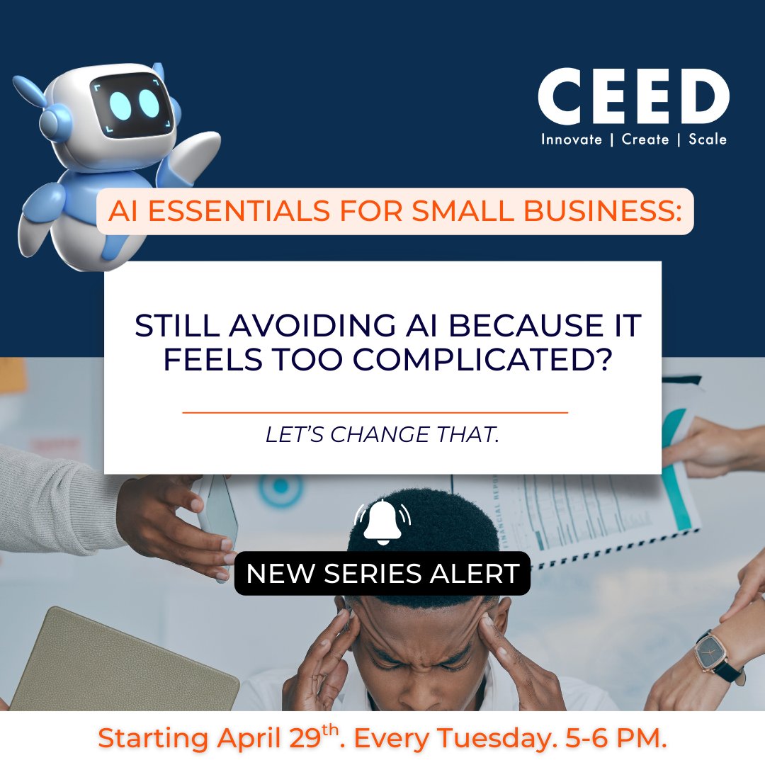 AI feeling too complicated? Let’s change that. Starting April 29, join our free weekly workshop series for small business owners — no tech skills needed. One hour a week to boost your confidence and productivity.
