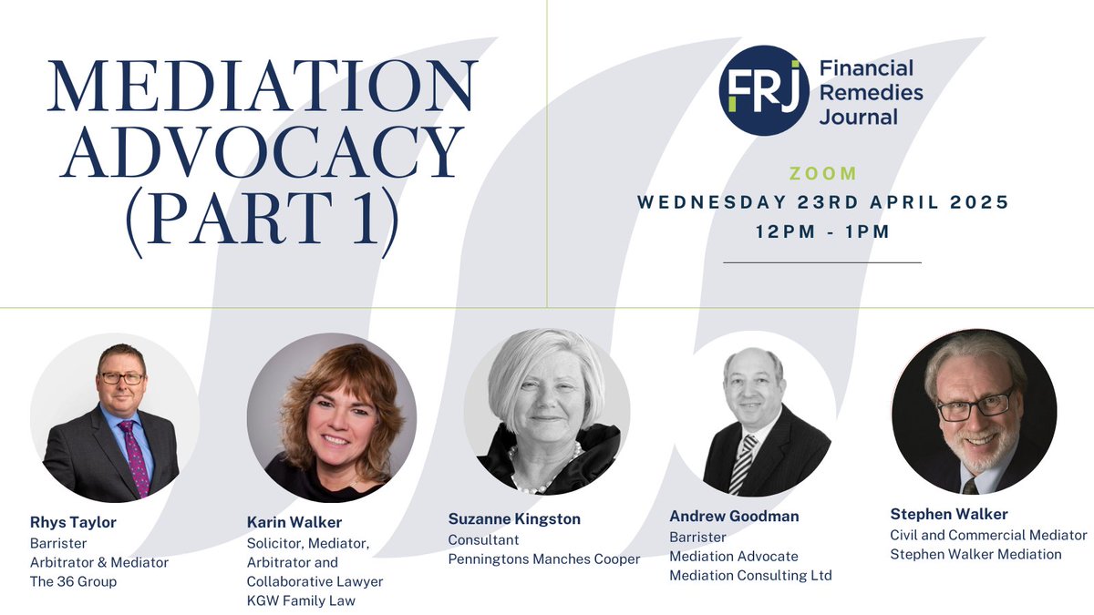 Join us tomorrow  from 12 to 1pm for a free webinar 'Mediation Advocacy (Part 1)' with speakers Rhys Taylor, Karin Walker, Suzanne Kingston, Andrew Goodman, &amp; Stephen Walker. 

Register here: classlegal.com/blogs/webinars…
