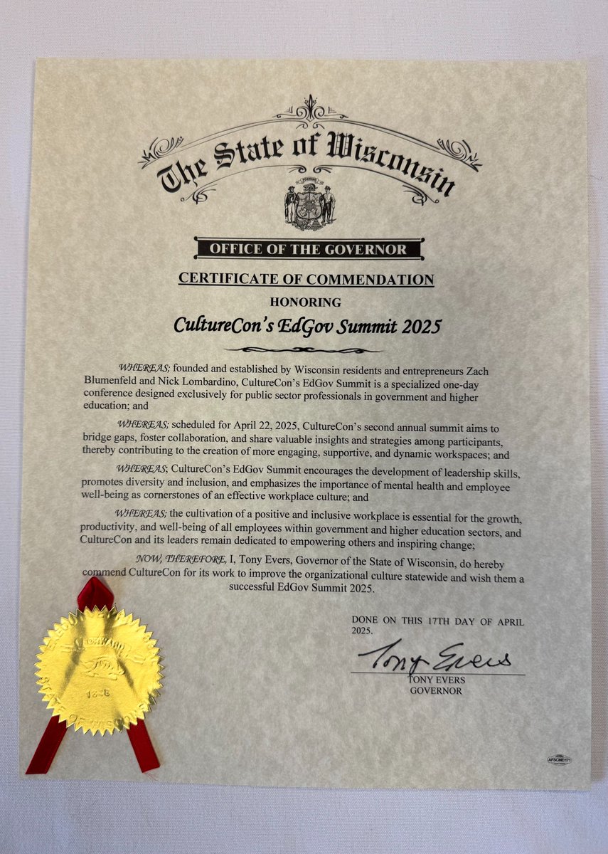 Thank you to Governor Tony Evers and the State of Wisconsin for recognizing today's EdGov Summit with a Certificate of Commendation.

#CultureConUSA #PublicSector #EarthDay #OrganizationalCulture