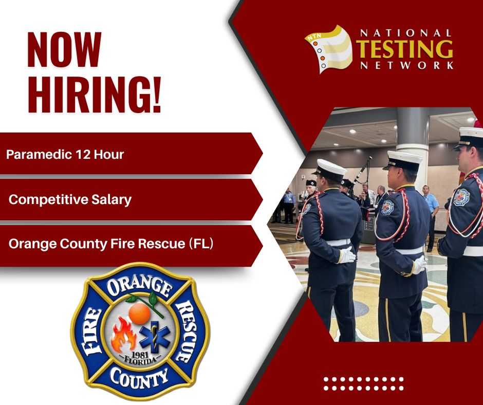The Orange County Fire Rescue [Winter Park, FL] is hiring for the position of Paramedic 12 Hour.
Salary: Competitive Salary
Visit nationaltestingnetwork.com to apply and explore nationwide public safety careers.