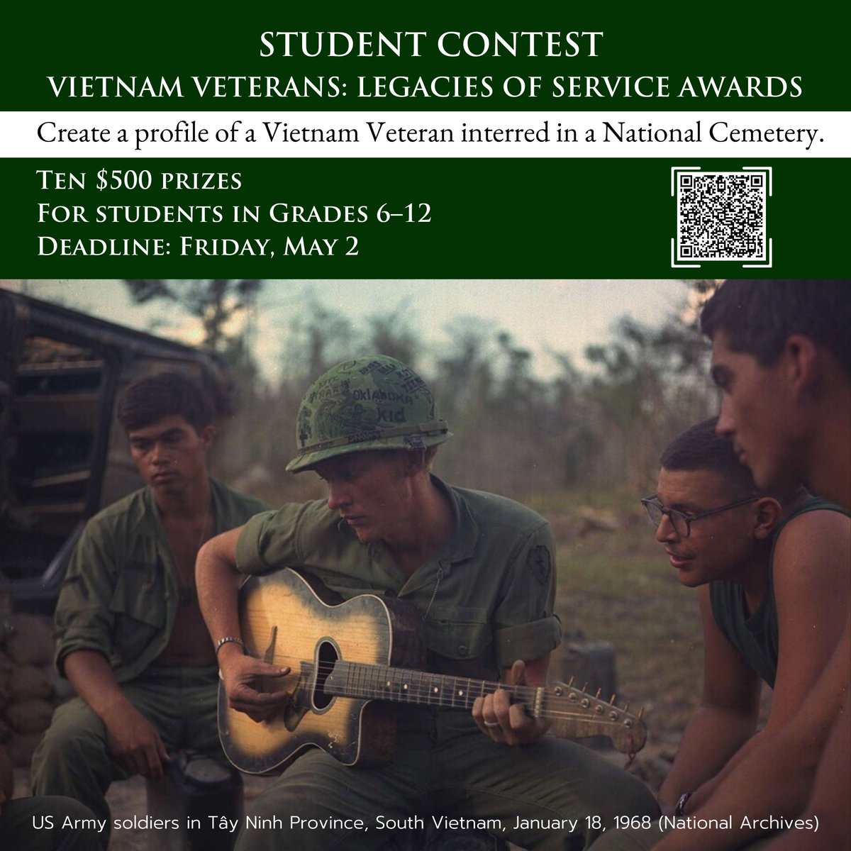 Students in grades 6-12 are encouraged to participate in the Vietnam Veterans: Legacies of Service Awards. We are offering ten $500 awards to students who create profiles of Vietnam Veterans interred in National Cemeteries.

Learn more here: ow.ly/KOON50Vo94p