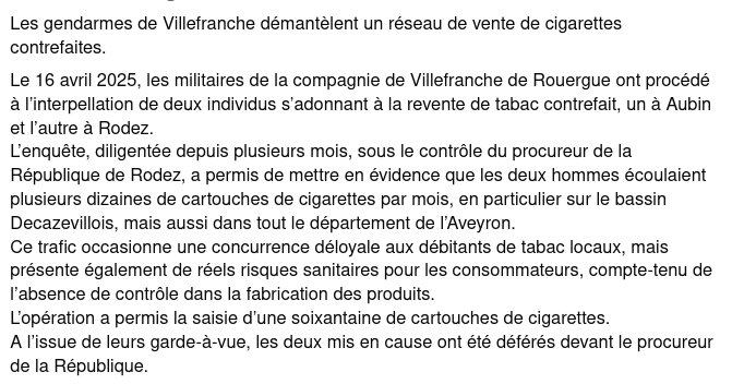 Gendarmerie_012's tweet photo. Les 👮‍♀️👮‍♂️ de Villefranche démantèlent un trafic de cigarettes de grande envergure. 
63 cartouches sont découvertes au cours des perquisitions et les deux auteurs principaux ont été déférés devant le procureur de la République. https://t.co/OeTiPj91ek