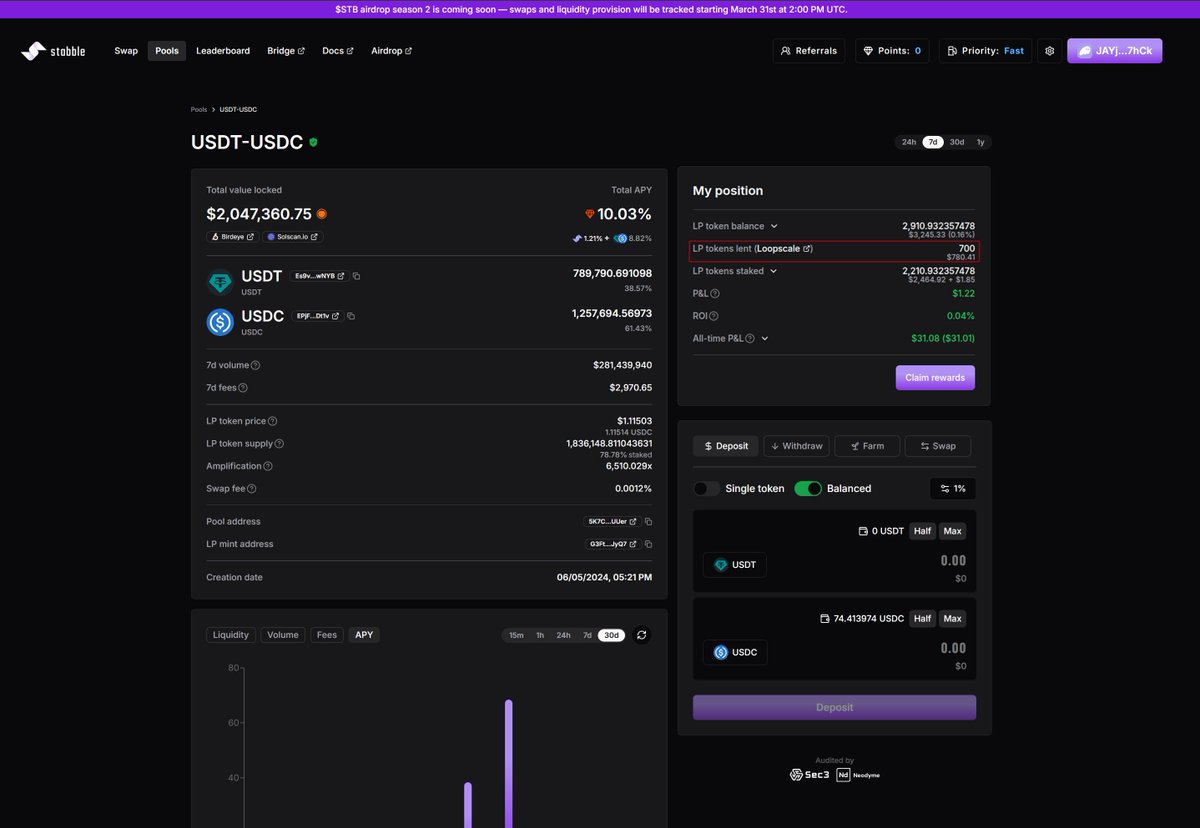 You can now track lent LP tokens directly on stabble, thanks to our portfolio integration with <a href="/loopscale/"></a>.

See how your LP tokens are split across your wallet, staked positions, and Loopscale lending — all in one place.