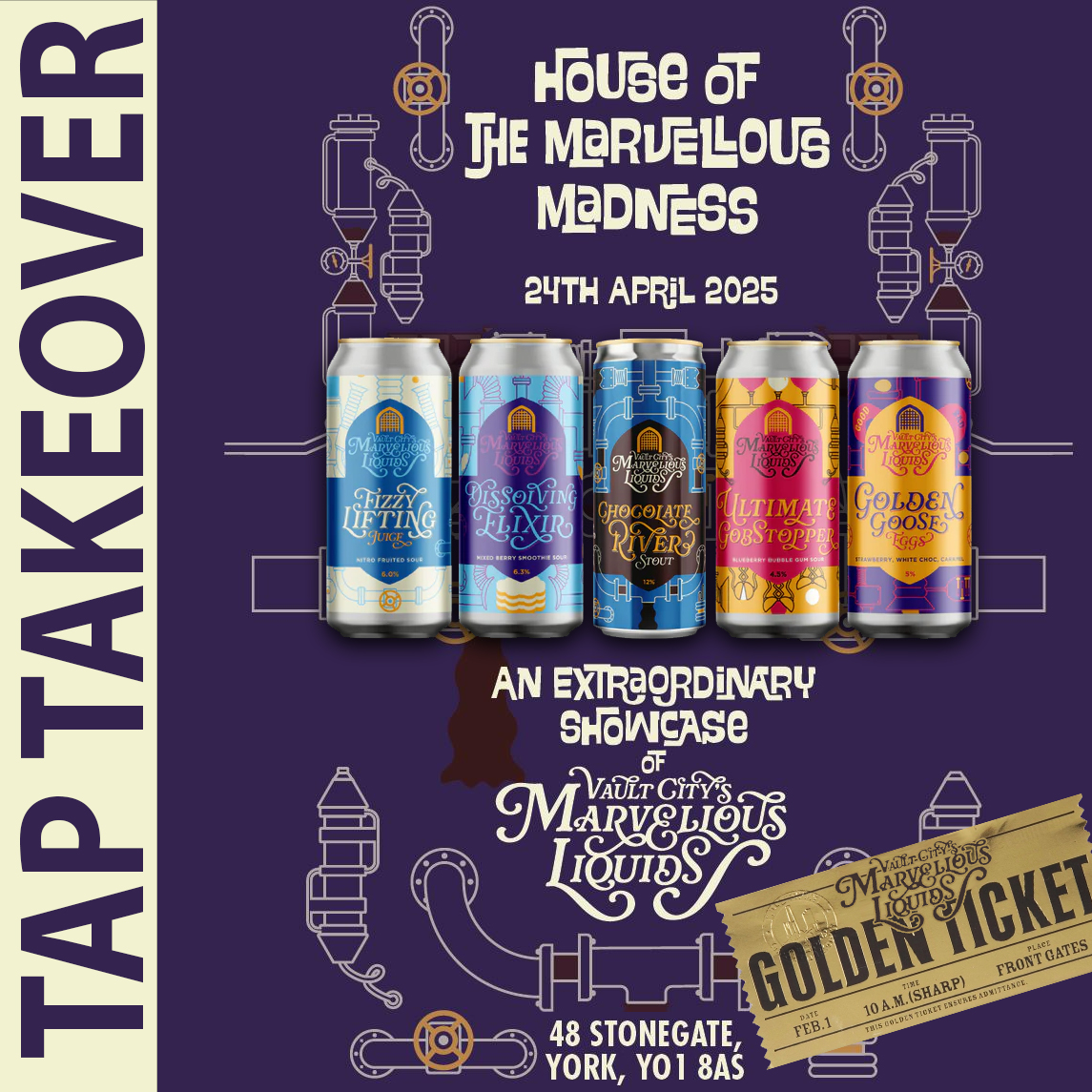TAKEOVER: Come and meet Vault City Brewing at Stonegate this Thursday from 5 p.m. Win one of the GOLDEN TICKETS for a prize. Also, if you beat Vault City at Connect 4, you win an Unbarrelled V3 Bottle!