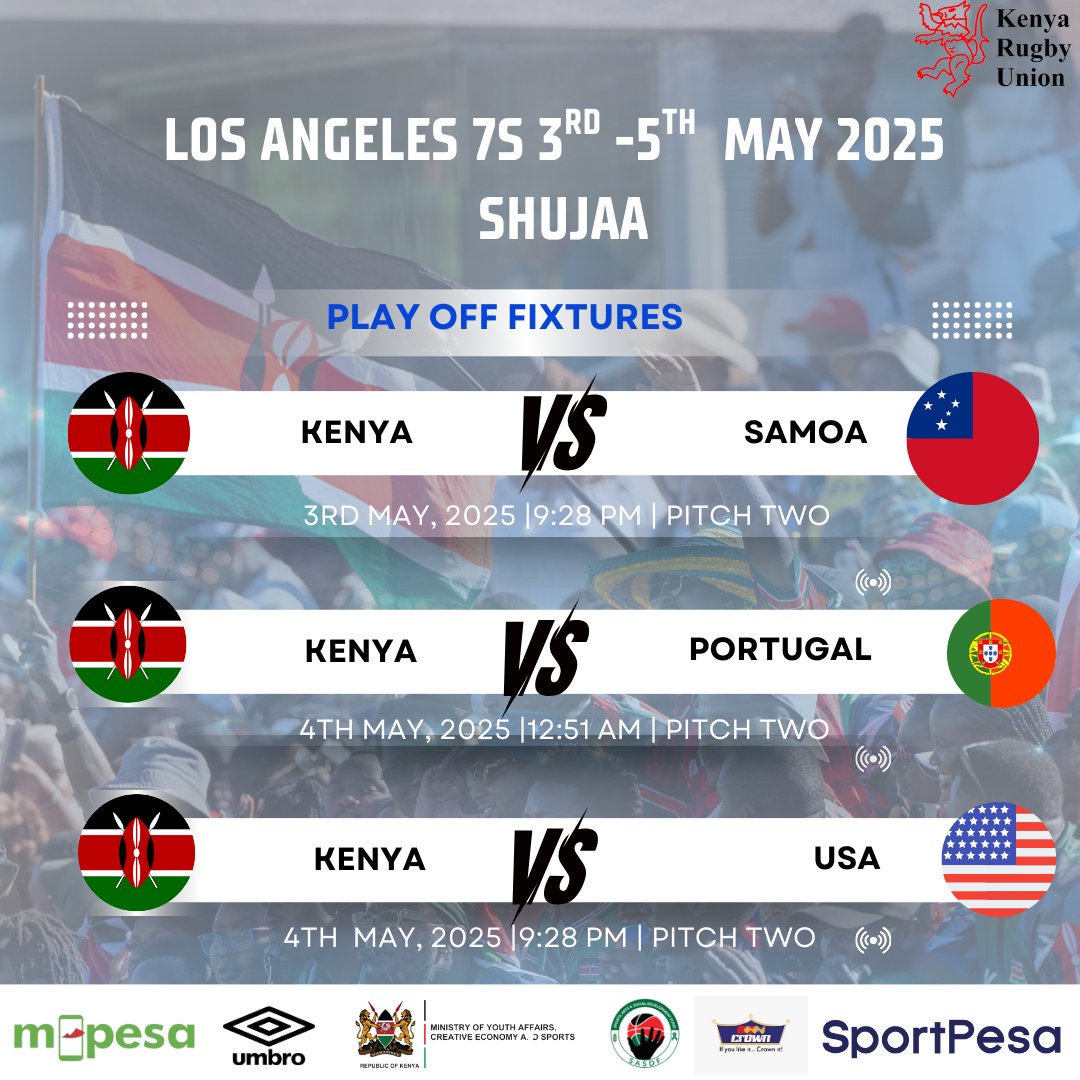 The game timings as we head out for LA. 
#Shujaa #SportPesaNaShujaa #SafaricomRugby #MpesaPowersKenya7s #CrownPaintsShujaa #HSBCSVNSLAX