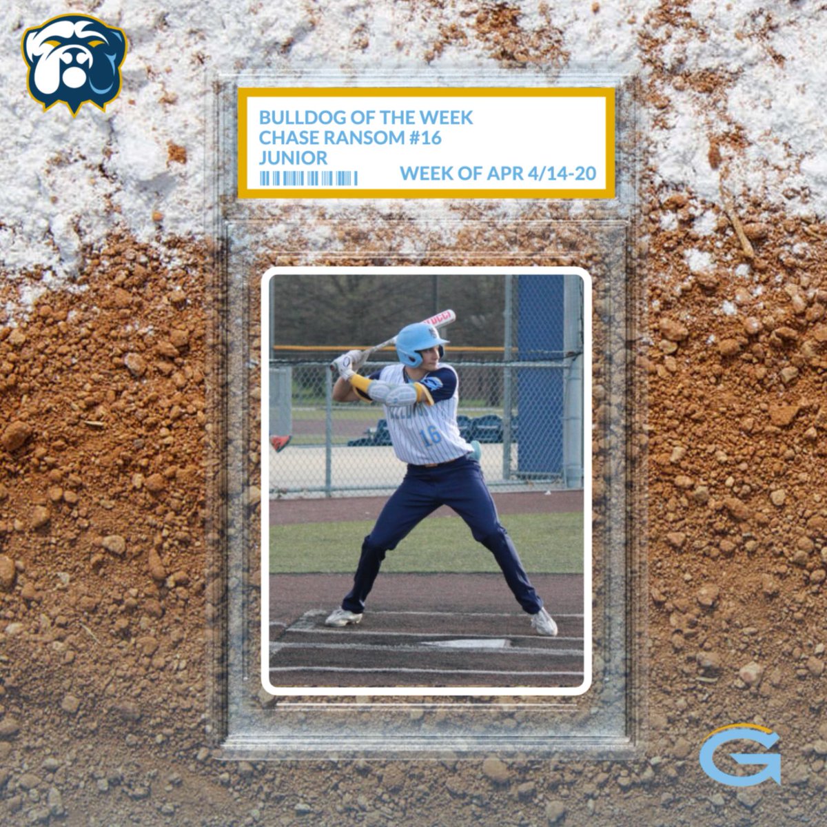 Starting something new for the remainder of the season and years to come! Here's our 1st GHS Baseball Bulldog of the Week!

Chase Ransom
Hitting:
BA .375
6 Hits
6 RBIs
5 Runs
8 Stolen Bases

Pitching
2 Appearances (1-0)
9 Strikeouts
Allowed 1 Hit &amp; 2 BB

Catching
2 CS

#OnDeck