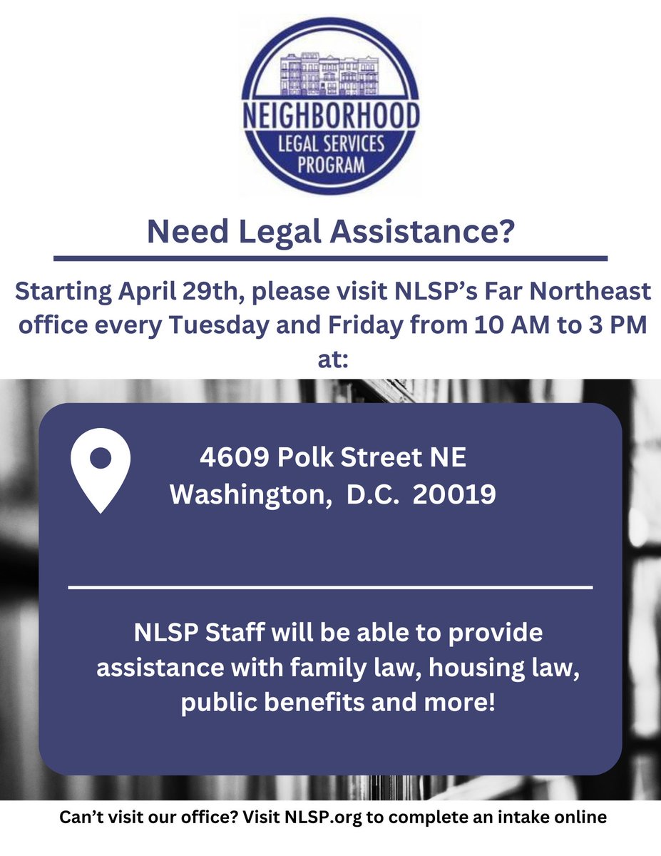 NLSP is excited to announce that we will be resume intake of new clients at our Polk Street location in Far Northeast next week! Please see the flyer for more information.