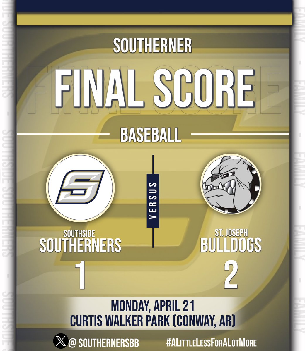 Southside drops a non-conference matchup in Conway. 

Final score: 
           Southside: 1
           St. Joe: 2 

Up next: Today vs. Stuttgart 

#SouthsideBaseball #ALittleLessForAlotMore