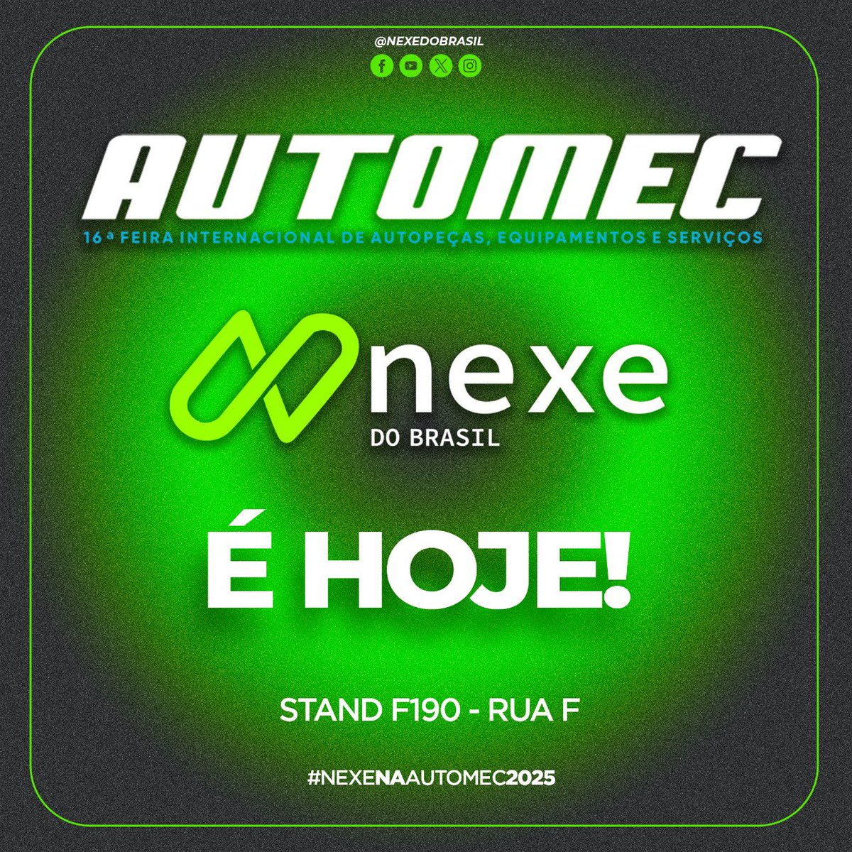 nexedobrasil's tweet image. Hoje começa a Automec 2025! A Nexe do Brasil está presente no maior evento do setor automotivo. Visite nosso stand 190 – rua F e confira nossas soluções e inovações. Esperamos por você!
#NexeDoBrasil #Automec2025 #NexeNaAutomec2025