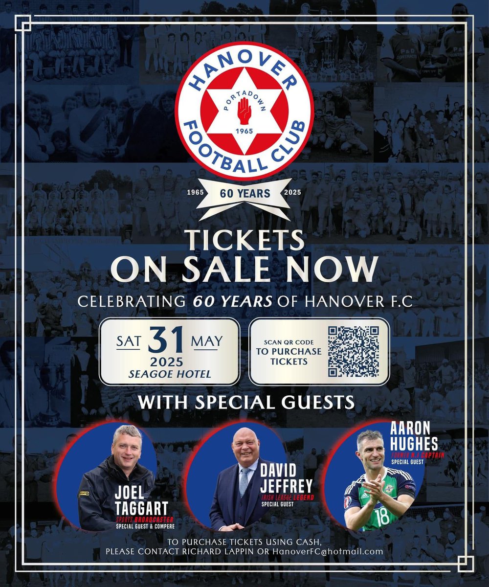 HanoverFC1's tweet photo. 𝗢𝗻𝗹𝘆 𝟯 𝘄𝗲𝗲𝗸𝘀 𝗹𝗲𝗳𝘁 𝘁𝗼 𝗯𝘂𝘆 𝘆𝗼𝘂𝗿 𝘁𝗶𝗰𝗸𝗲𝘁𝘀 𝗳𝗼𝗿 𝗼𝘂𝗿 𝟲𝟬𝘁𝗵 𝗔𝗻𝗻𝗶𝘃𝗲𝗿𝘀𝗮𝗿𝘆 𝗗𝗶𝗻𝗻𝗲𝗿 - 𝗻𝘂𝗺𝗯𝗲𝗿𝘀 𝗺𝘂𝘀𝘁 𝗯𝗲 𝗰𝗼𝗻𝗳𝗶𝗿𝗺𝗲𝗱 𝗯𝘆 𝗙𝗿𝗶𝗱𝗮𝘆 𝟭𝟳𝘁𝗵 𝗠𝗮𝘆. 𝗬𝗼𝘂 𝘄𝗶𝗹𝗹 𝗻𝗼𝘁 𝗯𝗲 𝗮𝗯𝗹𝗲 𝘁𝗼 𝗽𝘂𝗿𝗰𝗵𝗮𝘀𝗲 𝗮 𝘁𝗶𝗰𝗸𝗲𝘁 𝗮𝗳𝘁𝗲𝗿 𝘁𝗵𝗶𝘀 𝗼𝗿 𝗽𝗮𝘆 𝗼𝗻 𝘁𝗵𝗲 𝗻𝗶𝗴𝗵𝘁.

For anyone wishing to purchase, Richard Lappin will be in the club house this Saturday 26th April between 12-1pm. Please call in if you are looking to purchase a physical ticket via cash. 

Tickets are also still available online via the below link:

https://t.co/TaN0qK4mXU

We would encourage all past players, management & supporters to come along & join us as we take a journey back through 60 years of Hanover Football Club. 

It is sure to be a great evening 🕺🍻🥳