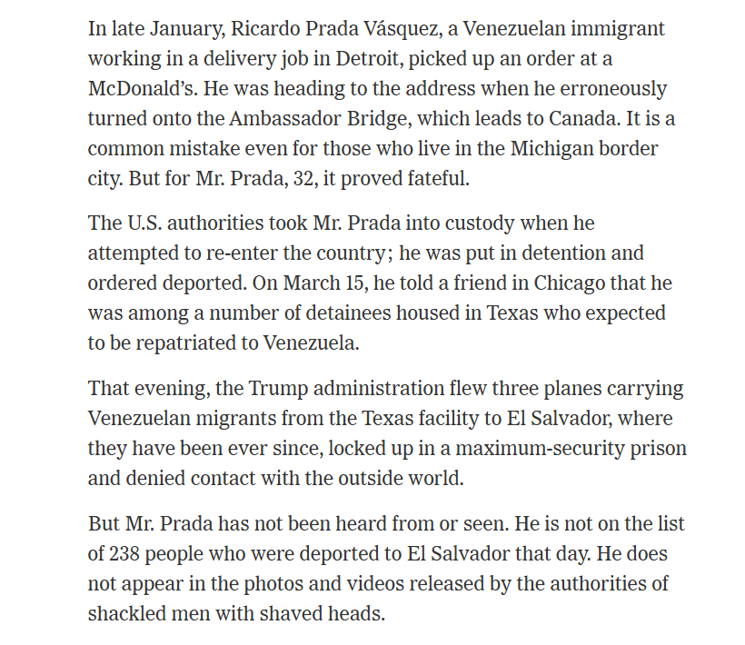 ReichlinMelnick's tweet image. NEW: A bone-chilling account. A Venezuelan man detained alongside the 238 sent to El Salvador on March 15 seems to have disappeared off the face of the earth. His name isn't among the names of those sent to CECOT that day and no one spotted him among those men. He's just... gone.
