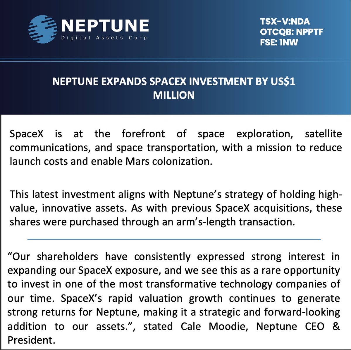 NeptuneDAC's tweet photo. Neptune Expands SpaceX Investment By US$1 Million

Full Release:
https://t.co/7XI0Xb19jl https://t.co/wIfXnXbMDZ