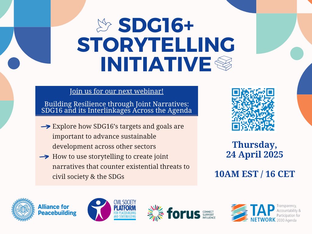 🌍 Join Us for the next SDG16+ Storytelling Initiative Webinar! 🌍

📷"Building Resilience through Joint Narratives: SDG16 and its Interlinkages Across the Agenda"

🗓 Date: Thursday, 24th April
⏰ Time: 10:00 AM EDT / 16:00 CET

Register: us02web.zoom.us/webinar/regist…