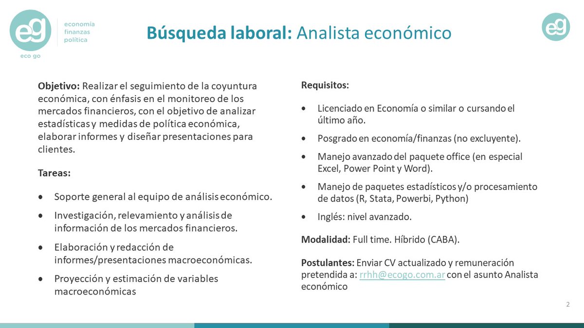 💼Búsqueda laboral: ANALISTA ECONÓMICO 

Estamos buscando Licenciado en Economía o estudiante avanzado para incorporarse a nuestro equipo. 

Compartimos objetivo, requisitos y principales tareas del puesto. 

📤Postulantes enviar CV a: rrhh@ecogo.com.ar