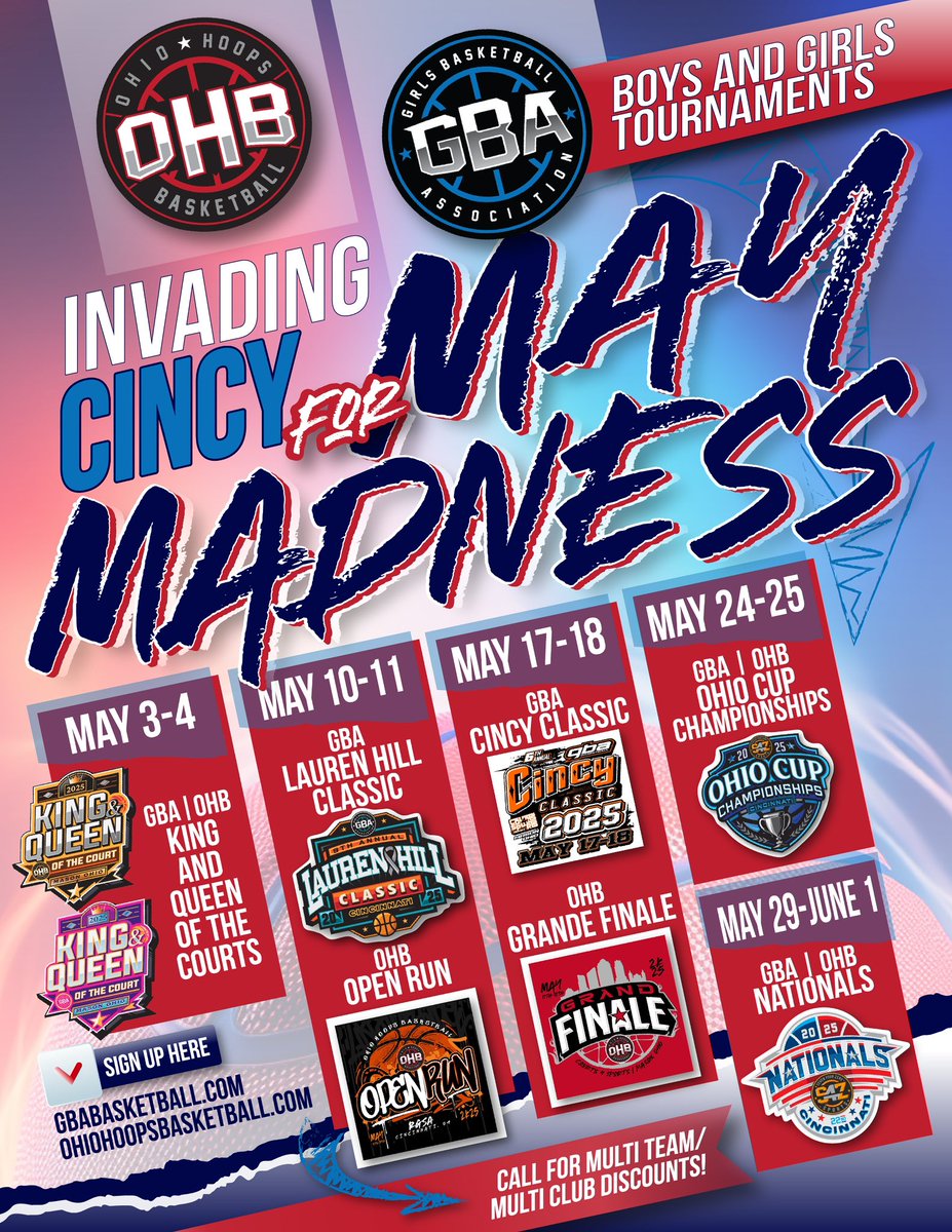 ⬇️⬇️⬇️⬇️⬇️⬇️⬇️⬇️⬇️⬇️⬇️⬇️⬇️

"MAY MADNESS IN CINCY!"

✅ GBA (Girls Tournaments)
✏️ gbabasketball.com

✅ OHB (Boys Tournaments)
✏️ ohiohoopsbasketball.com

🚨 DON'T MISS OUT!! 
#GBA2025 #OHBhoops25 #S4Zsports