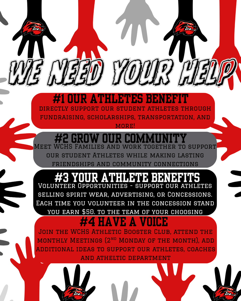 westcabboosters's tweet photo. We need your help!
🔴Join the WCHS Athletic Boosters - Membership or Board
⚫️Volunteer
🔴Attend Meetings - offer ideas
⚫️Support our Athletes

Click the link for current volunteer opportunites:
https://t.co/br2uSRP3cM https://t.co/PIRS1bHtTd