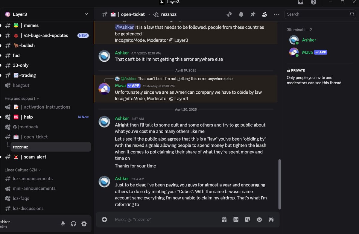 People are not only getting screwed over by @layer3xyz unfair airdrop allocations. Another group of people are being treated even worse by being allowed to stay paying customers even now, but are blocked from $L3 airdrop all together!
My recent ticket on #Layer3 discord: