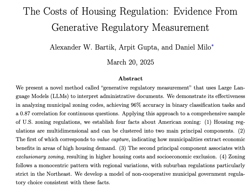 Arpit Gupta (@arpitrage) on Twitter photo 📢Heavily revised working paper on AI + Zoning —
with <a href="/AlexBartik/">AlexBartik</a> and <a href="/DMilo75/">Daniel Milo</a>, we have a new draft of our paper which expands on our method to understand housing regulations with AI.
Incudes a new public data release with more housing regulation data: 📢Heavily revised working paper on AI + Zoning —
with <a href="/AlexBartik/">AlexBartik</a> and <a href="/DMilo75/">Daniel Milo</a>, we have a new draft of our paper which expands on our method to understand housing regulations with AI.
Incudes a new public data release with more housing regulation data: