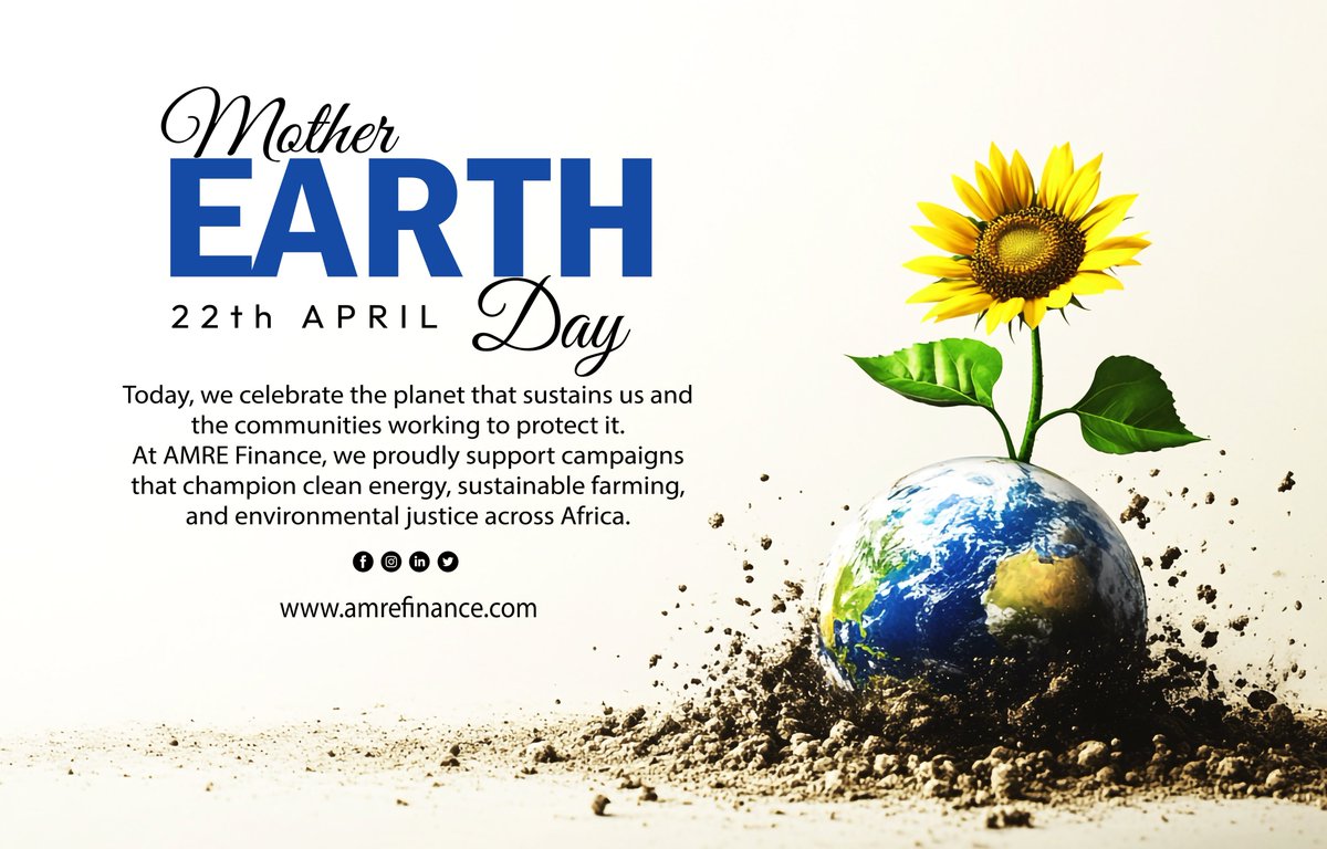 Happy Mother Earth Day from AMRE Finance! 🌍🌱

Let’s keep investing in people — and the planet.🌿

#EarthDay #AMREFinance #SustainableAfrica #CrowdfundingForChange #GreenImpact #ReturnOnCharity #ProtectOurPlanet