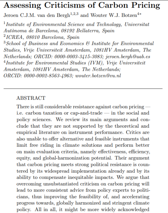 Gabriel Weil (@gabriel_weil) on Twitter photo Excellent new(ish/to me) review of the (quite weak) arguments against carbon pricing, from <a href="/ProfJeroenBergh/">Jeroen van den Bergh</a> & Wouter Botzen. Excellent new(ish/to me) review of the (quite weak) arguments against carbon pricing, from <a href="/ProfJeroenBergh/">Jeroen van den Bergh</a> & Wouter Botzen.