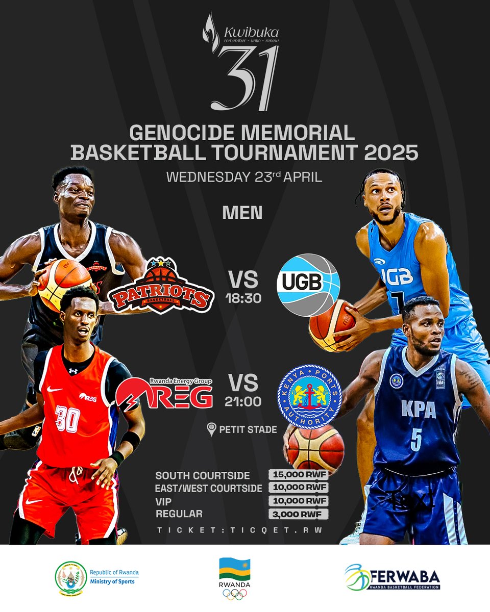 Basketball #GMT2025 kicks off this Wednesday. As we honor the memory of the victims of the 1994 Genocide against the Tutsi, we invite you all to join us.

 Here is the schedule of games for Day 1.

Get your tickets at ticqet.rw//#/pbIJWl5tA1g…

#Kwibuka31