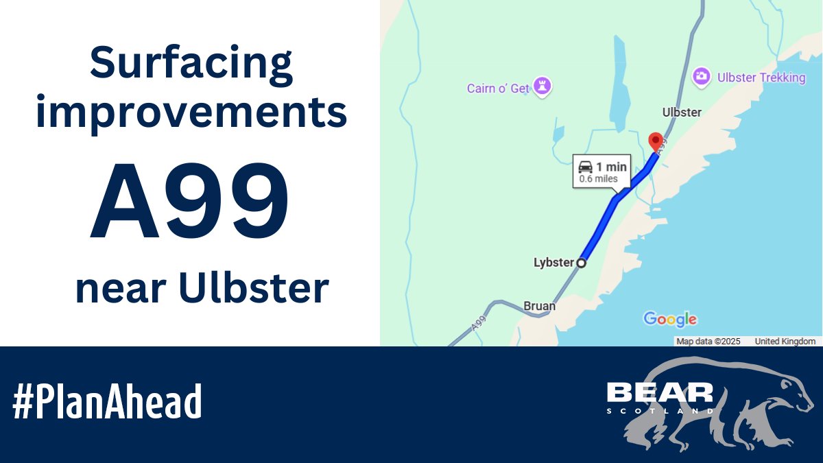 BEAR NW Trunk Roads (@nwtrunkroads) on Twitter photo Overnight surfacing improvements on the #A99 near Ulbster will start on Tuesday 6 May.
🚧 Road closure with amnesties at 8pm, 9pm, 10pm, 11pm, midnight, 2am and 4am with an alternative route available via the A9 and A882.
Full details: bit.ly/3Y9y4xC
<a href="/trafficscotland/">Traffic Scotland</a> Overnight surfacing improvements on the #A99 near Ulbster will start on Tuesday 6 May.
🚧 Road closure with amnesties at 8pm, 9pm, 10pm, 11pm, midnight, 2am and 4am with an alternative route available via the A9 and A882.
Full details: bit.ly/3Y9y4xC
<a href="/trafficscotland/">Traffic Scotland</a>