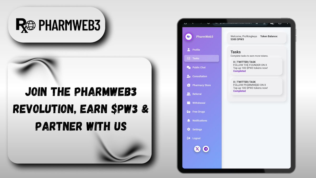 1/2 Discover pharmweb3.com, health meets #Web3 platform where you EARN $PW3 airdrops by completing simple tasks, like following, liking, or visiting partner links. 

Apply for FREE DRUGS, know your health status in CONSULTATION, and more! #Airdrop #Profkingkeys