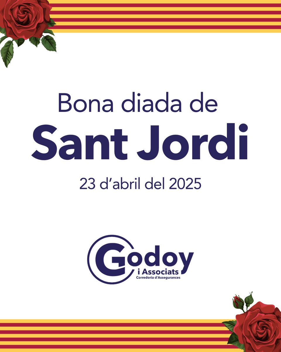 godoyassociats's tweet photo. Godoy i Associats Corredoria d'Assegurances us desitja bona diada de Sant Jordi!

Un dia de tradicions, un dia de roses i llibres, un dia de país! https://t.co/A6HtWSDY7I