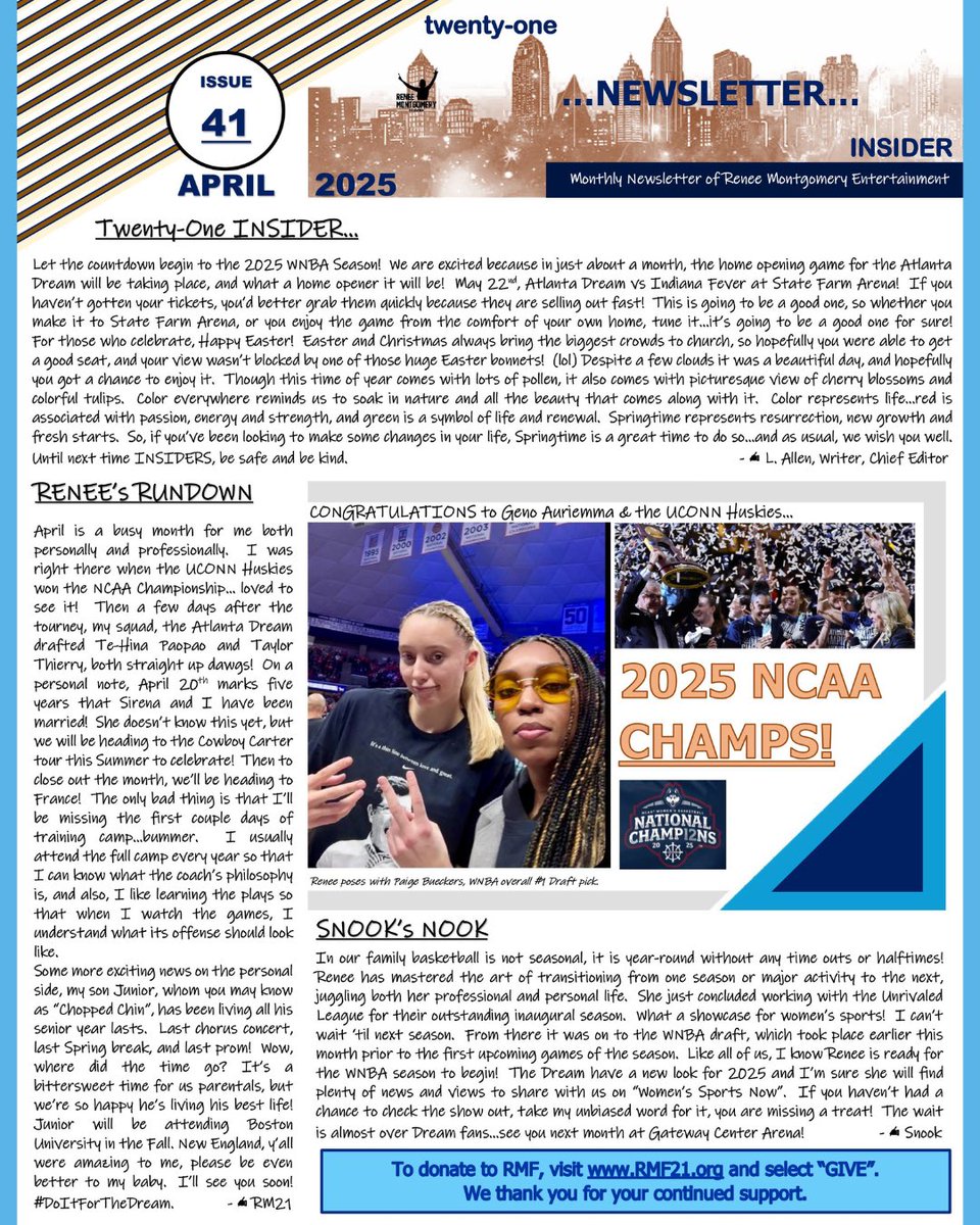 RME (@rmefamily) on Twitter photo Twenty-One Insider π
April 2025 Newsletter βοΈ
@uconnwbb National Champs π
<a href="/ReneeMontgomery/">Renee Montgomery</a>βs Rundown ππΎ
<a href="/SnookMontgomery/">Bertlela Montgomery</a>βs Nook π
Sign up today and donβt miss out on all things RME: bit.ly/RMENews Twenty-One Insider π
April 2025 Newsletter βοΈ
@uconnwbb National Champs π
<a href="/ReneeMontgomery/">Renee Montgomery</a>βs Rundown ππΎ
<a href="/SnookMontgomery/">Bertlela Montgomery</a>βs Nook π
Sign up today and donβt miss out on all things RME: bit.ly/RMENews