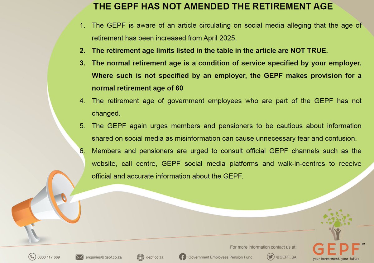 GEPF_SA's tweet photo. NOTICE: THE GEPF HAS NOT AMENDED THE RETIREMENT AGE. Please read the notice and visit the GEPF website for more about retirement benefits, https://t.co/7EYHP8LuE1. https://t.co/tiV10UqJZN