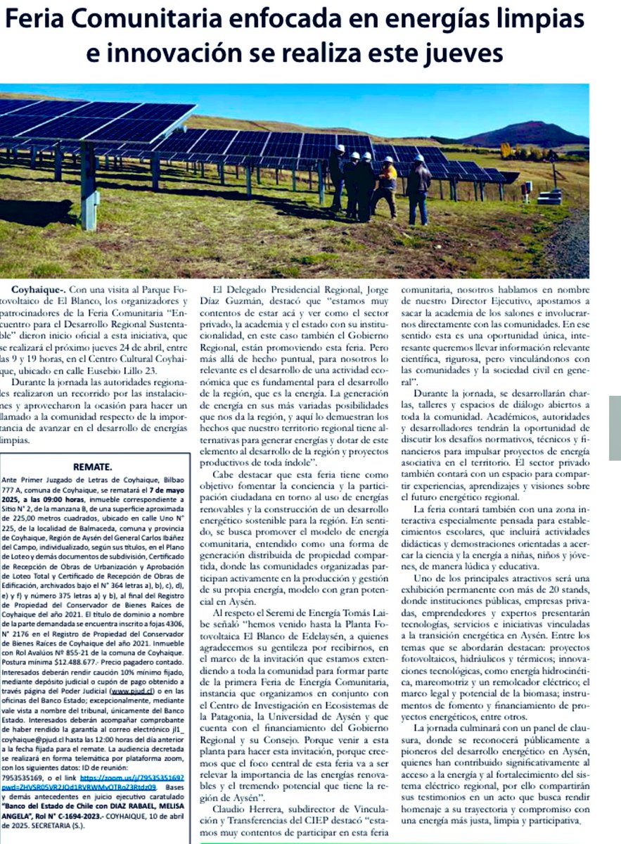 #PrensaEnergía destaca la nota de <a href="/ddivisadero/">El Divisadero</a> sobre la #FeriaDeEnergíaComunitaria que se realizará este jueves 24 de abril de 9:00 a 19:00 hrs en el Centro Cultural de Coyhaique conoce los detalles aquí ⬇️