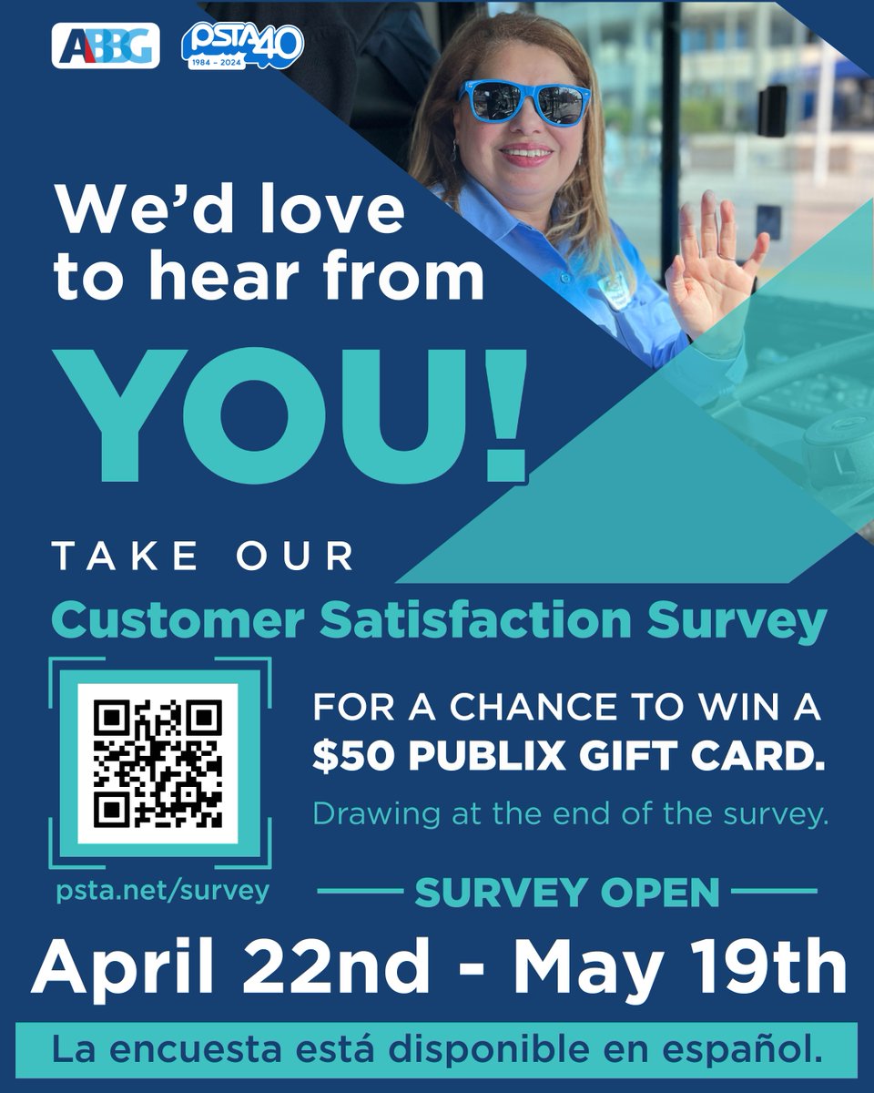 Have your voice be heard and enter our survey for a chance to win a $50 Publix Gift gift card!📢🚌🤗

To take our survey go to this link: psta.net/survey