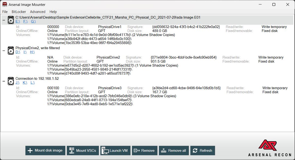 ArsenalRecon's tweet image. Did you know you can attach not only disk images, but actual physical disks & remote disks to Arsenal Image Mounter? Then leverage all of AIM's powerful & unique functionality against them - launching VMs, mounting VSCs using multiple methods, etc. ArsenalRecon.com #DFIR