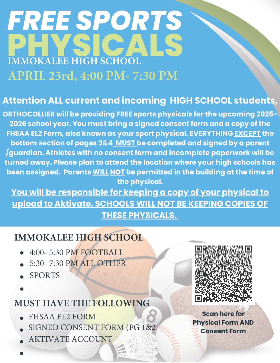 Immokalee High School Athletics (@immokaleeath) on Twitter photo Reminder- Free Physicals tomorrow at the IHS Gym. The first two pages of the physical must be filled out by a parent. The physical also MUST be on the FHSAA paperwork. Any questions please contact Coach Siner at Sinerch@collierschools.com Reminder- Free Physicals tomorrow at the IHS Gym. The first two pages of the physical must be filled out by a parent. The physical also MUST be on the FHSAA paperwork. Any questions please contact Coach Siner at Sinerch@collierschools.com