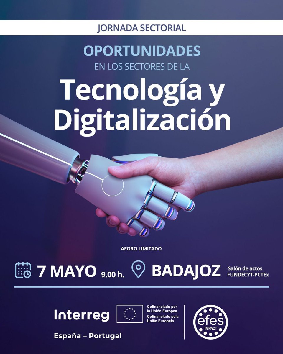 El próximo 7 de mayo, en el Parque Científico y Tecnológico PCTEX de Badajoz, se celebrará la jornada "Oportunidades en el Sector de la Tecnología y la Digitalización".​

➡️ Más información en la Agenda de extremaduraempresarial.es

#Tecnología #Digitalización #EFESImpact