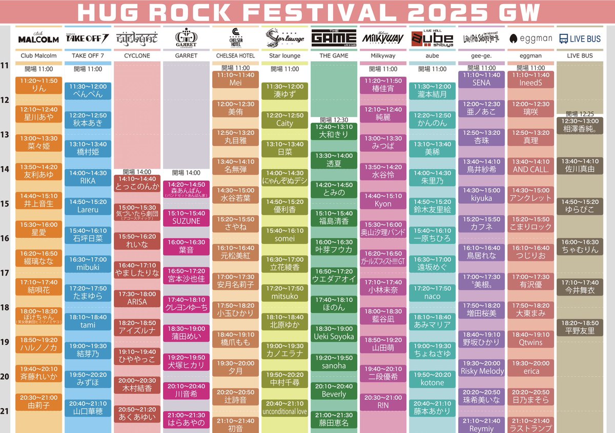 📣ハグロック2025 GWタイテ解禁！！
まだ精査してないけどヤバい被りはないかな🙂

開演から終演まで帰れないのは確実…え、もちろん最高です😆

オフィシャルHP👇
hugrock.tokyo/2025_2

#ハグロック2025GW
