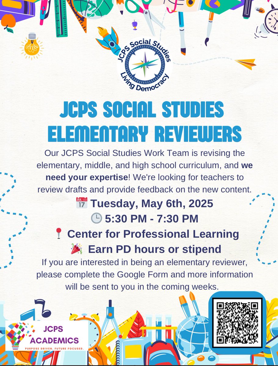 Our JCPS Social Studies Team is updating K–12 curriculum—and we need YOU!
We’re looking for passionate educators to review and give feedback.

📅 Tues, May 6 | 5:30–7:30 PM @ CPL
Register by April 23!

Spread the word! 

forms.gle/5PmLrsRzZAYkUm…