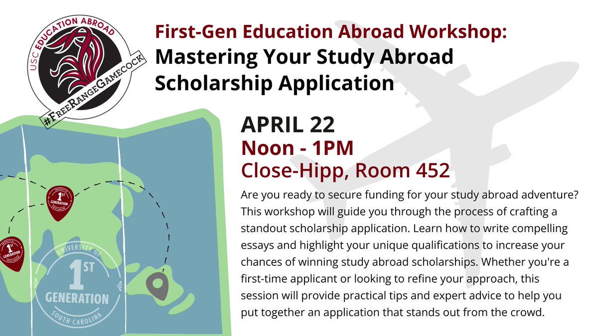 USCFIRST_GEN's tweet image. Join us at noon today for more information on the Study Abroad Application! You can find us in Close-Hipp (Room 452).
@uscstudyabroad @uofsc #FirstGenGamecocks #UofSC