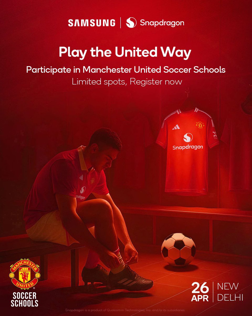 sumitsonal's tweet image. Grew up dreaming of Old Trafford- now it’s coming to us.

We at @Snapdragon_IN , in collab with @SamsungIndia , are bringing the #ManUtd Soccer School to India this April 26th.

Tie your boots. Wear the red. Get trained like legends.

Register Now - forms.office.com/r/7F8941KyPR
#MUFC