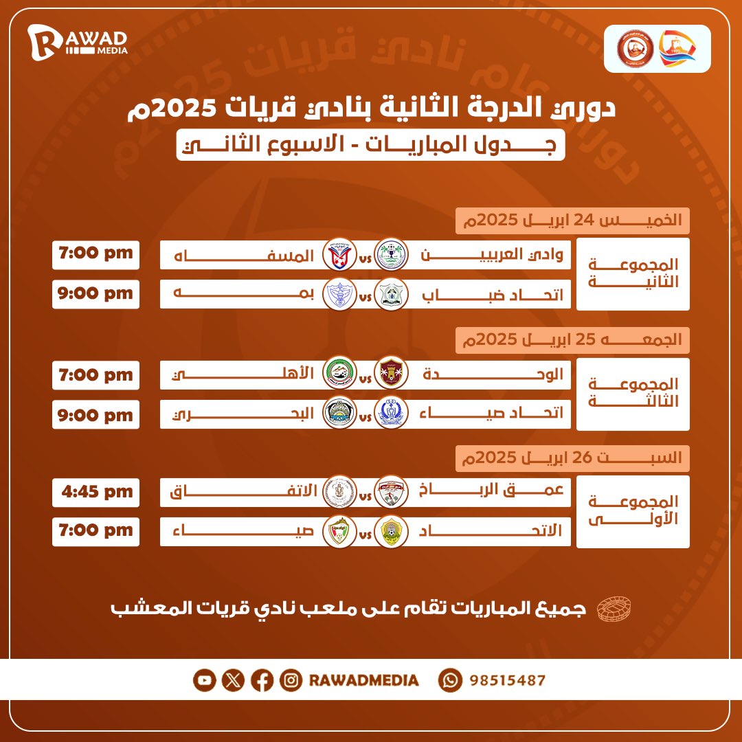جدول مباريات الأسبوع الثاني من دوري الدرجة الثانية بنادي قريات ٢٠٢٥م

#رواد_ميديا