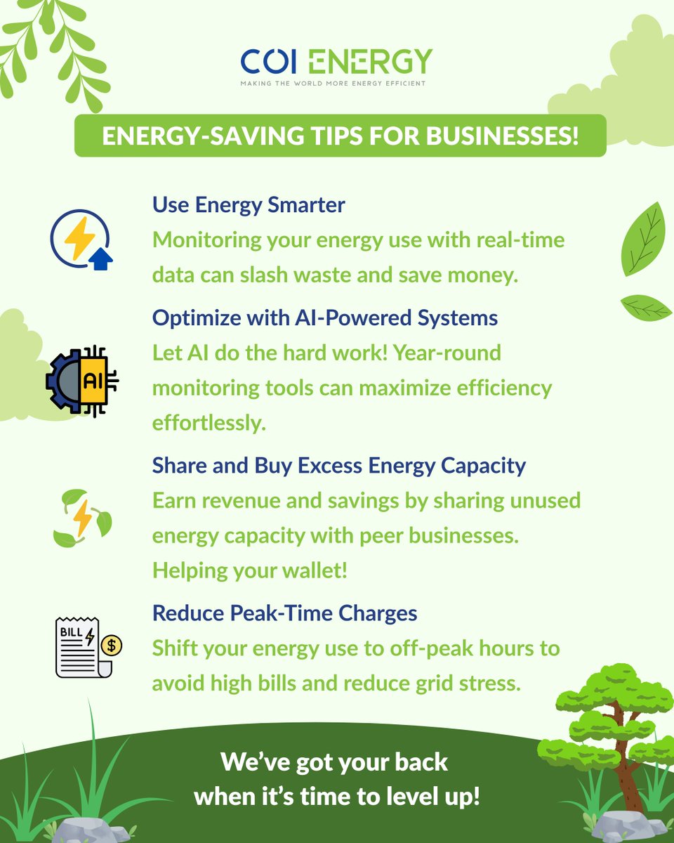 🌍 Happy Earth Day!  Let’s power a greener future for future generations to enjoy. Here are 4 smart ways to save energy, cut costs, and protect the planet. Let's make the world a better place💚

#COIEnergy #EarthDay #EnergyEfficiency #Sustainability