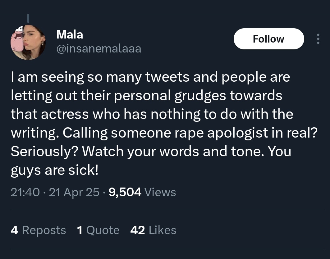 Lol ain't u the one who was calling Maya 3rd wheel,chipku,cringey,Sautan,friends with benefits,attention seeker  when she was only posting pics with her co star to promote her ongoing show?
First u need to stop letting out your personal grudges towards others n then preach.SICKO!