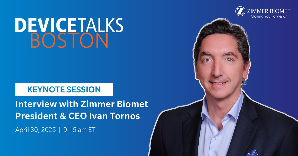 Zimmer Biomet (@zimmerbiomet) on Twitter photo Next week, our President & CEO Ivan Tornos joins #DeviceTalksBoston for a keynote interview with <a href="/DeviceTalks/">DeviceTalks</a> host Tom Salemi to discuss his passion for leadership, orthopedics and technology, and vision to revolutionize the #MedTech industry and transform patient care.
Learn Next week, our President & CEO Ivan Tornos joins #DeviceTalksBoston for a keynote interview with <a href="/DeviceTalks/">DeviceTalks</a> host Tom Salemi to discuss his passion for leadership, orthopedics and technology, and vision to revolutionize the #MedTech industry and transform patient care.
Learn