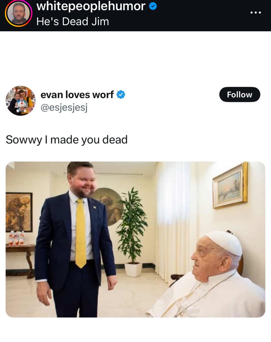 Domankiewicz's tweet image. As a public service I've gathered together some of the "J D Vance killed the Pope" memes. You're welcome.
