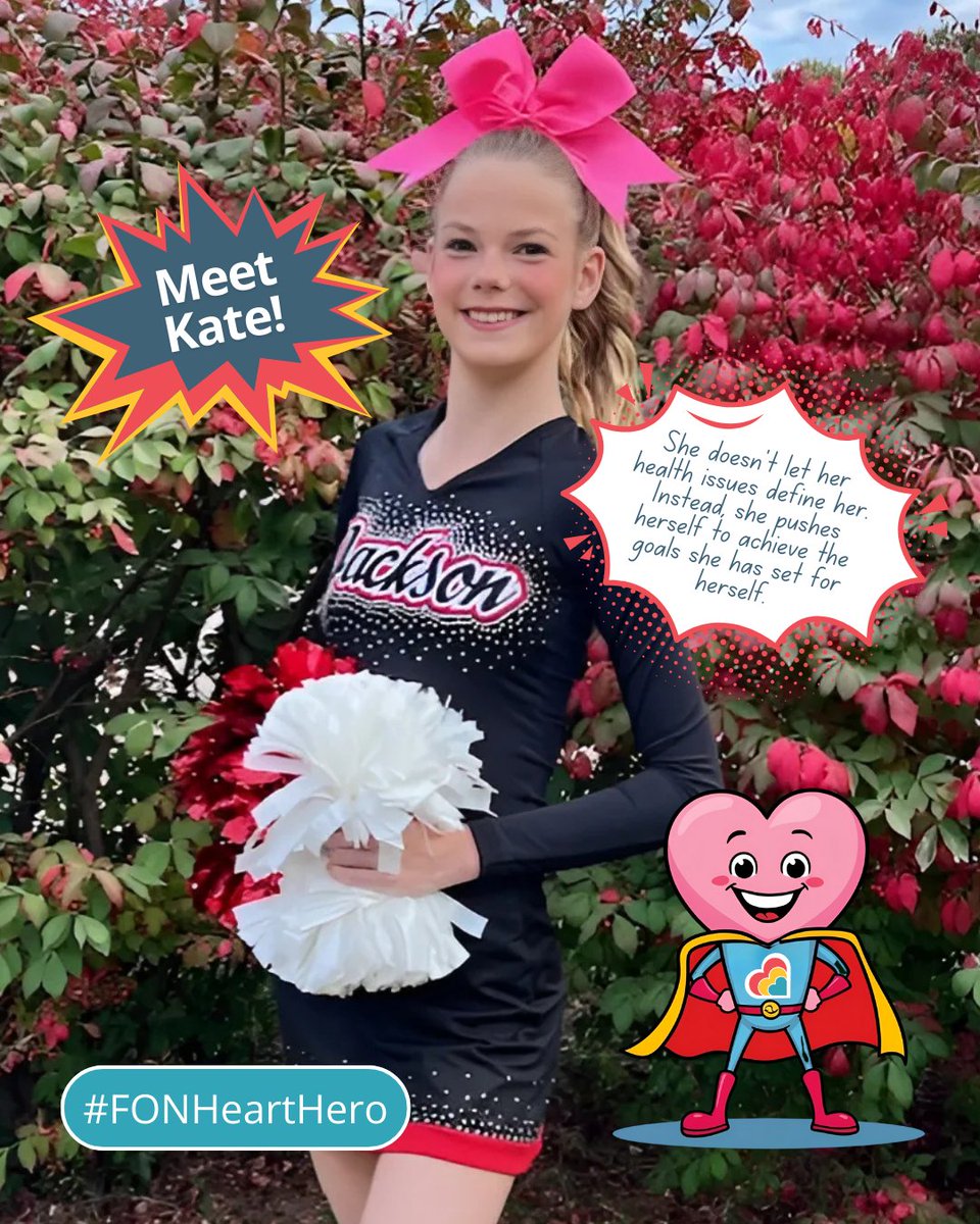 We have a new FON #HeartHero to celebrate! Say hello to Kate! Kate is actively involved in cheer, dance and student organizations like Student Council and National Honor Society! Learn more about Kate's story fontanoutcomesnetwork.org/news/fon-heart…