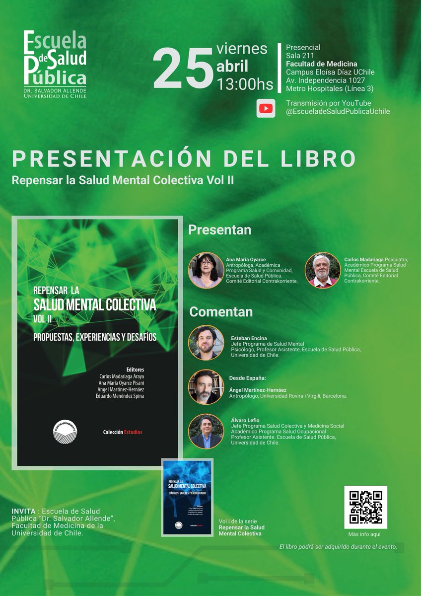 Editorial Contrakorriente (@editorial_cont) on Twitter photo NUEVO LIBRO! Este viernes 25 de abril a las 13:00 se realizará el lanzamiento de "Repensar la Salud Mental Colectiva Vol.II" en <a href="/esp_uchile/">ESP U. de Chile</a> con transmisión por Youtube. El libro podrá ser adquirido durante el evento. Más información de catálogo en campsite.bio/contrakorriente NUEVO LIBRO! Este viernes 25 de abril a las 13:00 se realizará el lanzamiento de "Repensar la Salud Mental Colectiva Vol.II" en <a href="/esp_uchile/">ESP U. de Chile</a> con transmisión por Youtube. El libro podrá ser adquirido durante el evento. Más información de catálogo en campsite.bio/contrakorriente
