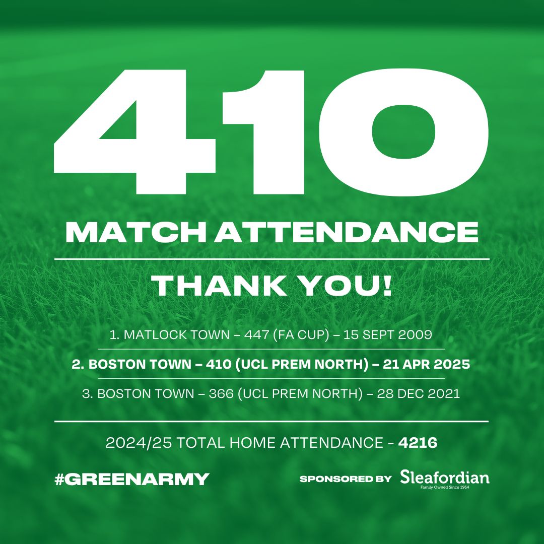 SleafordTownFC's tweet photo. Not the result we wanted, but a moment of history was made. 💚

Yesterday saw our highest-ever league attendance, with 410 fans through the gates. To every single one of you who’s stood by us this season, thank you. 

Here’s to rebuilding stronger together. 💪

#GreenArmy https://t.co/OBh8CM2CTA